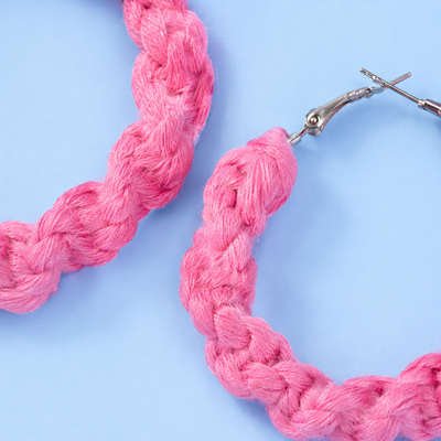Pink braided fabric hoop earrings